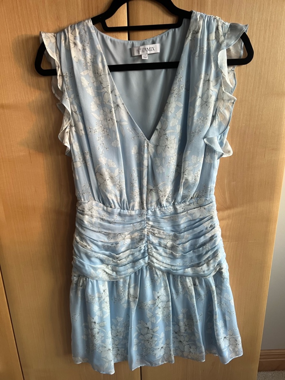 INTERMIX Ryder Silk Floral Mini Dress Blue Ruffle Sleeve Ruched Size 4